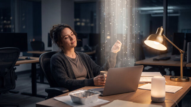 Businesswoman relaxing at her desk while interacting with a glowing digital light display after office hours