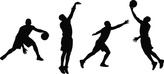 Basketball Player Silhouette Collection Featuring Dribbling Shooting Passing and Dunk Action Poses Vector Set © bipul stok