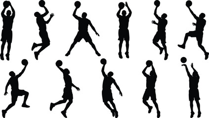 Basketball Player Silhouette Collection Featuring Jump Shot Layup Dunk Shooting and Athletic Action Vector Set © bipul stok