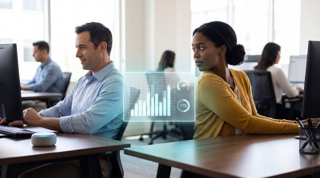 Office coworkers comparing performance charts across adjacent computer workstations