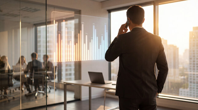 Businessman reviewing performance metrics while speaking on phone in executive office