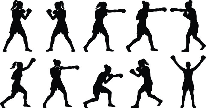 Boxing Athlete Silhouette Collection Featuring Punching Fighting Guard Stance and Victory Action Vector Set