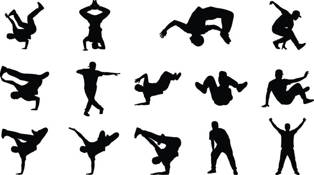 Breakdance Dancer Silhouette Collection Featuring Hip Hop Freeze Flip Spin and Street Dance Action Poses Vector Set