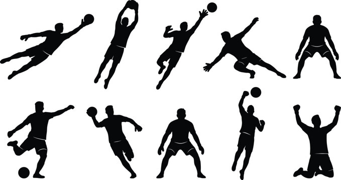 Handball Player Silhouette Collection Featuring Goalkeeper Saves Throwing Jump Shots and Defensive Action Vector Set