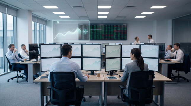 Financial analysts monitoring AI market data across multi screen trading office