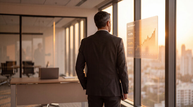 Executive analyzing financial performance on transparent data display beside office window