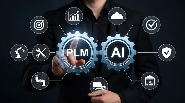 Businessman touching PLM and AI gears concept of product lifecycle management
