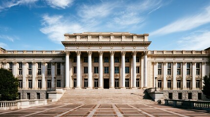 Obraz premium A grand, classical building with columns and a grand staircase, set against a clear blue sky with a few scattered clouds.
