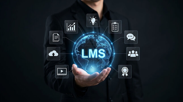Businessman holding digital globe with LMS learning management system icons concept