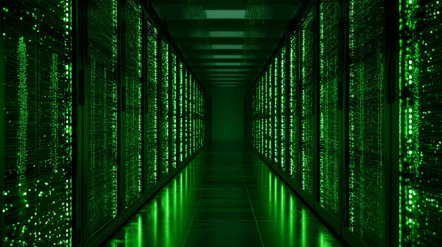 Server Room Illuminated with LED Lights, Cloud Computing Infrastructure and Data Center Technology