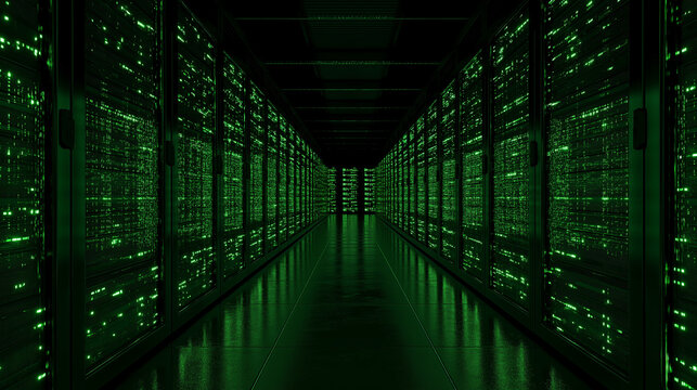 Server Room Illuminated with LED Lights, Cloud Computing Infrastructure and Data Center Technology