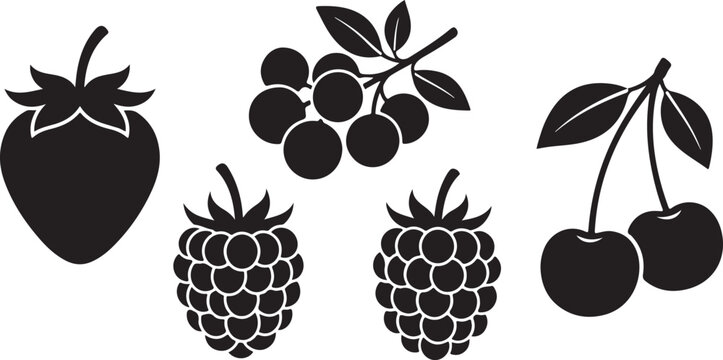 Black silhouette fruit icons set with strawberry raspberry blackberry cherry