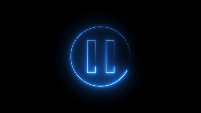 Animated neon media player pause icon. audio play stop control circle pause button on black background