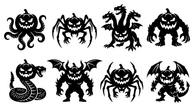 Black Silhouette Halloween Pumpkin Monsters Collection Featuring Scary Mythical Creatures and Spooky Icons