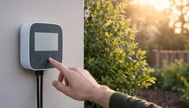 Person hand using smart control panel or digital controller on outdoor wall of house
