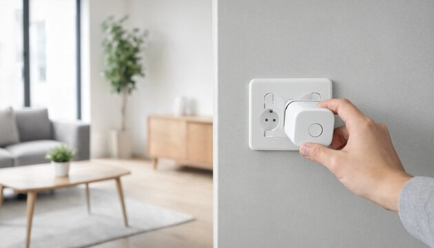 Hand plugging smart plug adapter into electrical wall outlet in modern living room
