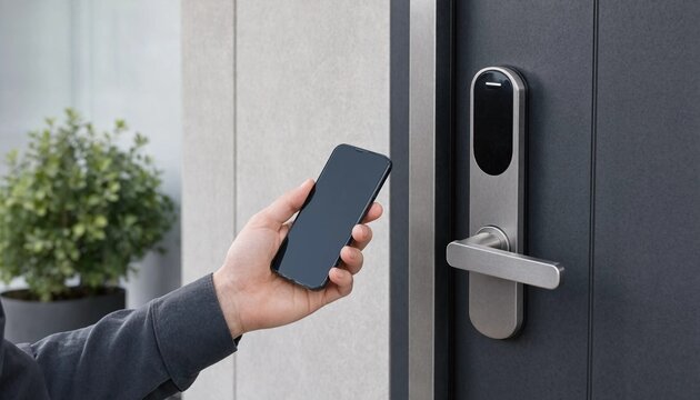 Person holding smartphone to unlock digital smart lock on house front door
