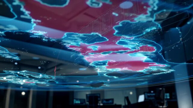 Low-angle command center with semi-transparent holographic world map glowing above workstations, cyan and magenta data layers expanding in brightness and clarity