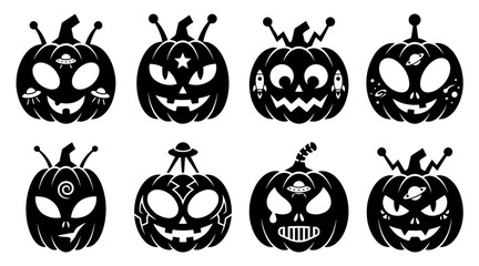 Black Silhouette Halloween Pumpkin Icons Set Featuring Alien Space Themes and Cosmic Graphic Elements © MDSHOFIULAZAM