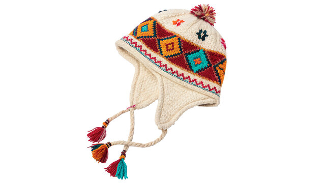 Traditional Peruvian chullo knitted wool hat colorful ethnic clothing accessory isolated on transparent background