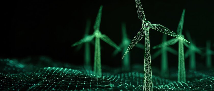 Glowing digital windmills stand on a futuristic grid surface in dark green tones