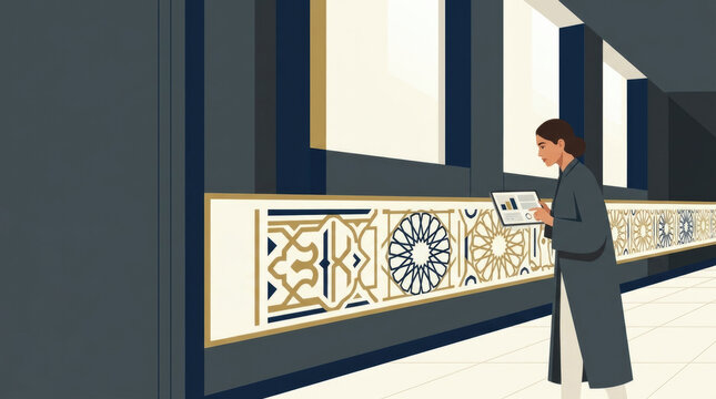 Minbar Frieze Architecture Branding. A calm interior corridor features a long minbar frieze running along the lower wall, Flow branding subtly gilded