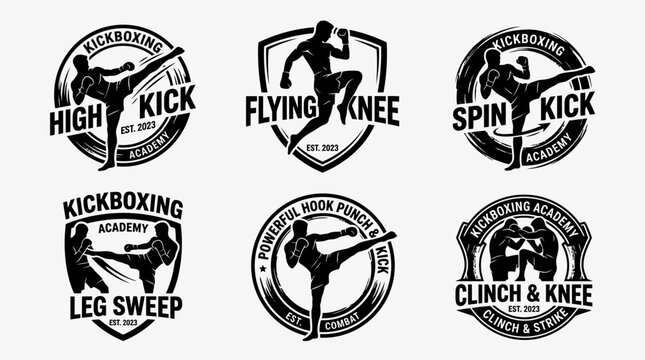 Set of Six Vintage Kickboxing Academy Emblems: High Kick, Flying Knee, Spin Kick, Leg Sweep, Hook Punch & Kick, Clinch & Knee