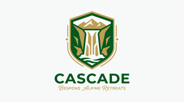 Mountain retreat logo features a stylized waterfall and leaves on a shield