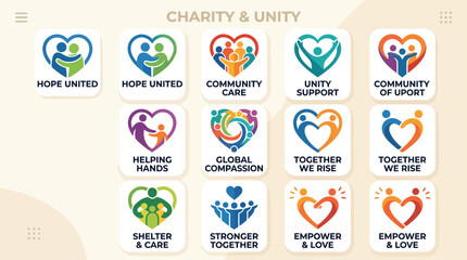 Fototapeta premium Charity & Unity Logos: Diverse Symbols of Hope, Community, Support, and Global Compassion