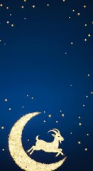 Fototapeta premium Goat jumping over glowing crescent moon against starry night sky, isolated on deep blue background for nursery decor, children's book illustration, greeting cards, and celestial-themed designs.