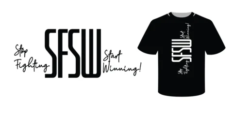 Modern minimalist typography T-shirt design featuring bold condensed lettering combined with elegant handwritten script and the motivational quote "Stop Fighting Start Winning". Vector © ogologo