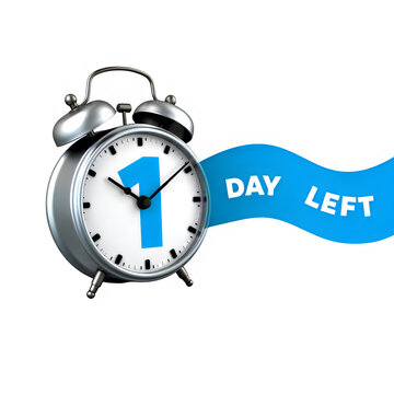 3D Silver Alarm Clock with One Day Left Countdown Banner on White