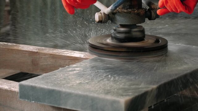 Industrial worker with grinding machine polishing marble stone slab with water splashing in a workshop
