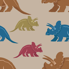 Hand drawn cute dinosaurs collection. Prehistoric animal characters set with t-rex and triceratops sketch. Seamless pattern background with cartoon jurassic reptile illustration isolated © Paint_art