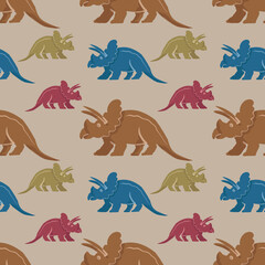 Hand drawn cute dinosaurs collection. Prehistoric animal characters set with t-rex and triceratops sketch. Seamless pattern background with cartoon jurassic reptile illustration isolated © Paint_art