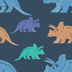 Hand drawn cute dinosaurs collection. Prehistoric animal characters set with t-rex and triceratops sketch. Seamless pattern background with cartoon jurassic reptile illustration isolated © Paint_art