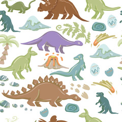 Hand drawn cute dinosaurs collection. Prehistoric animal characters set with t-rex and triceratops sketch. Seamless pattern background with cartoon jurassic reptile illustration isolated © Paint_art