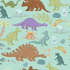 Hand drawn cute dinosaurs collection. Prehistoric animal characters set with t-rex and triceratops sketch. Seamless pattern background with cartoon jurassic reptile illustration isolated © Paint_art
