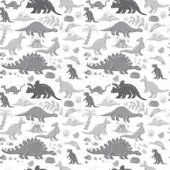 Hand drawn cute dinosaurs collection. Prehistoric animal characters set with t-rex and triceratops sketch. Seamless pattern background with cartoon jurassic reptile illustration isolated © Paint_art