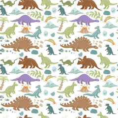 Hand drawn cute dinosaurs collection. Prehistoric animal characters set with t-rex and triceratops sketch. Seamless pattern background with cartoon jurassic reptile illustration isolated © Paint_art