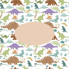 Hand drawn cute dinosaurs collection. Prehistoric animal characters set with t-rex and triceratops sketch. Seamless pattern background with cartoon jurassic reptile illustration isolated © Paint_art