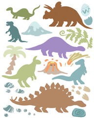 Hand drawn cute dinosaurs collection. Prehistoric animal characters set with t-rex and triceratops sketch. Seamless pattern background with cartoon jurassic reptile illustration isolated © Paint_art