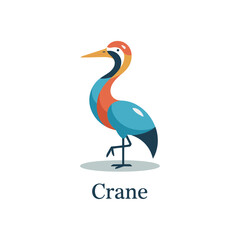 Obraz premium A stylized of a crane bird standing on one leg, featuring vibrant orange, blue, and yellow colors for artistic nature-themed