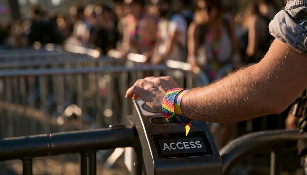 Persons hand with a colorful wristband pressing an access button on a turnstile at an event.