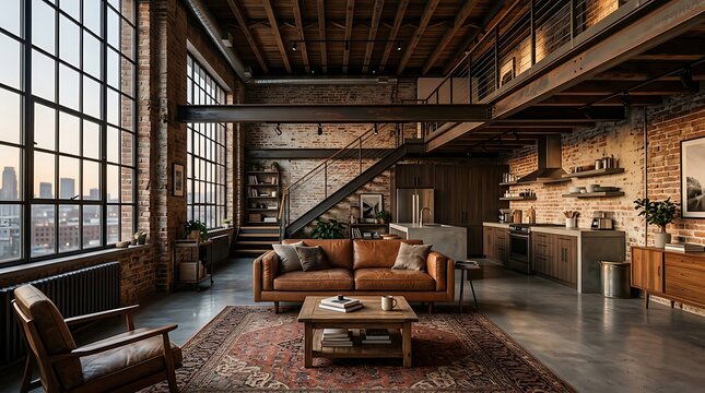 Modern industrial loft with rustic brick and wood interior.