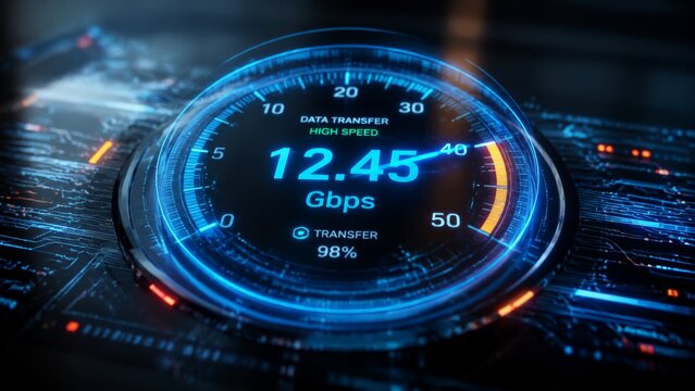 A high-tech digital speedometer dashboard display showing a fast data transfer rate of 12.45 Gbps, illuminated with bright blue neon lights on a circuit board surface