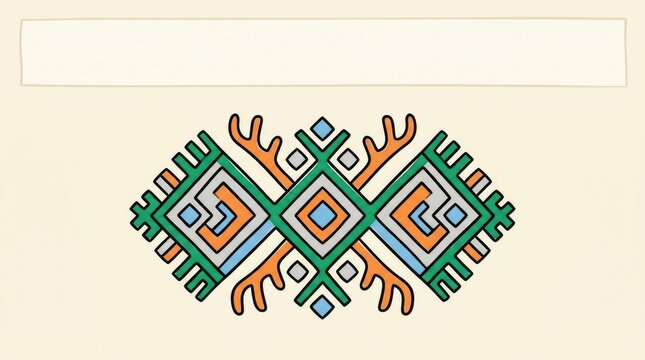 Evenk Pattern Banner In Colors. A single Evenk decorative motif drawn as a bold doodle on a pale background, with strong outlines and flat color fills