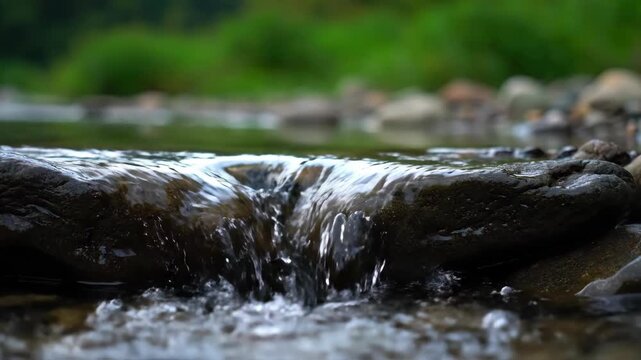 Water flowing over dark rock in a forest stream