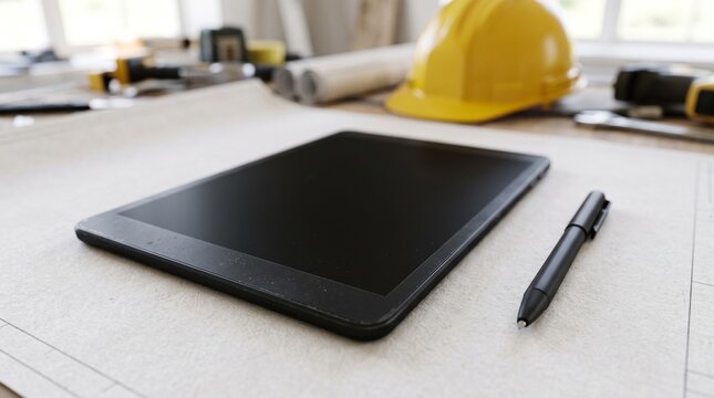 Digital tablet on construction site architectural blueprints