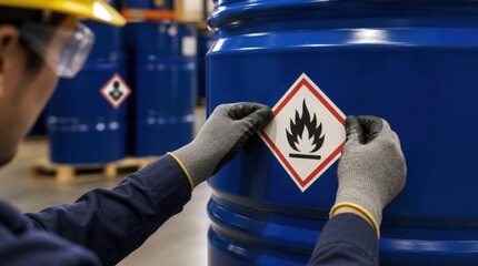 Plakat Worker wearing safety gear applies a flammable hazard label on a blue industrial chemical drum in a warehouse setting.